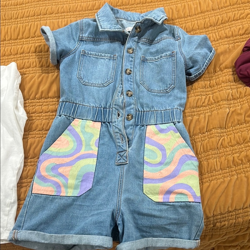 Giani Bini Denim Kids Romper with custom painted Pockets